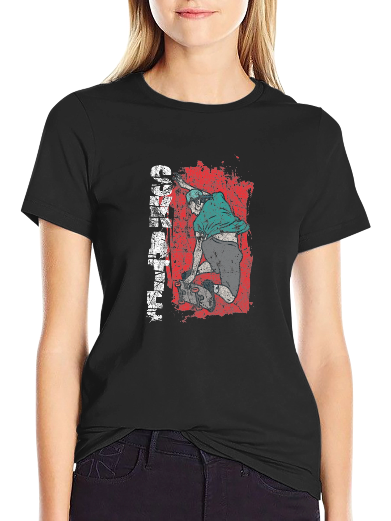 Skateboarder Graphic Tee - Distressed Red Black Cotton Shirt
