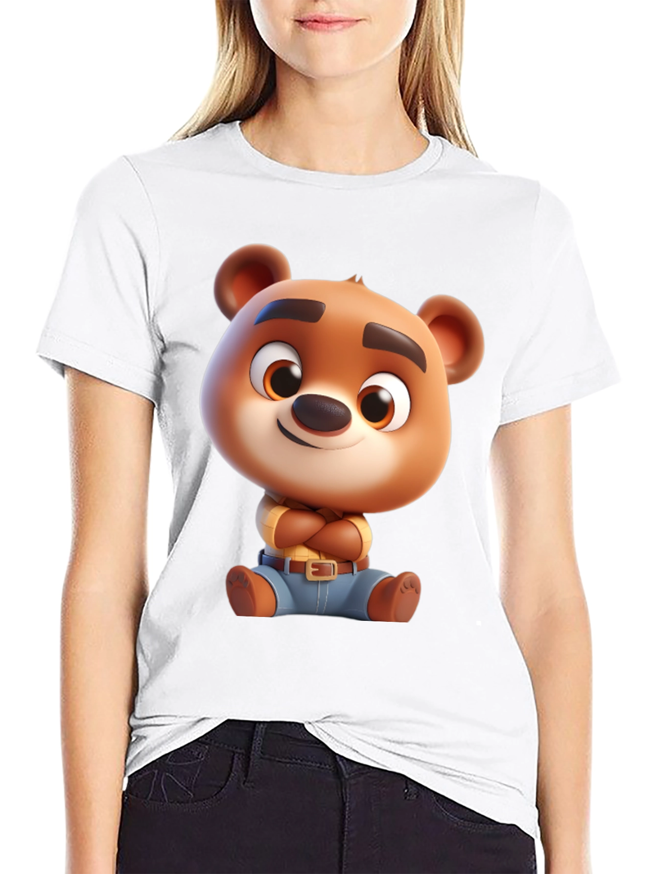 Cartoon Bear Graphic Tee - Black