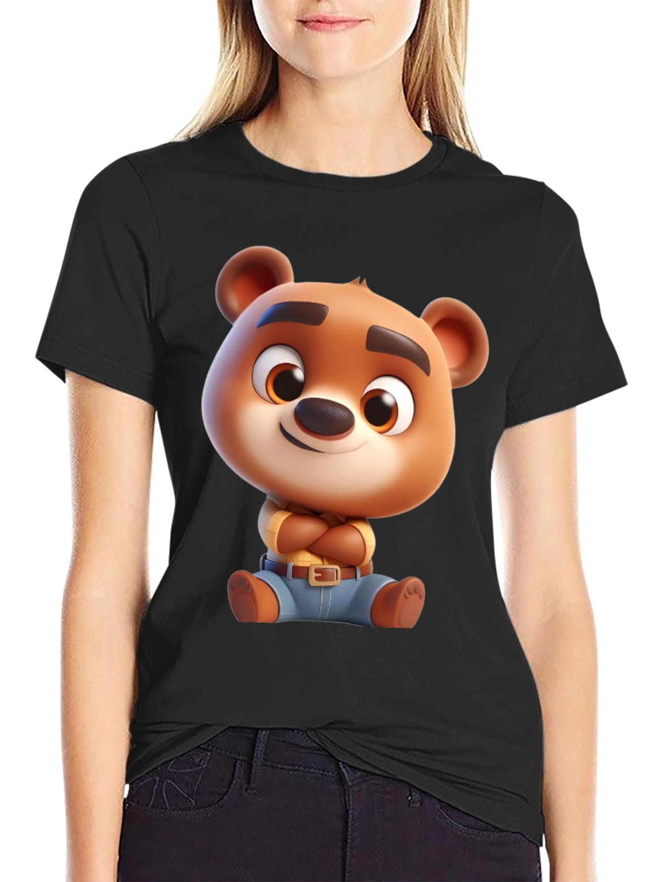 Cartoon Bear Graphic Tee - Black