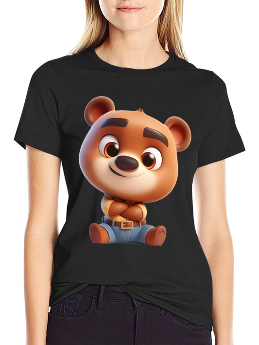 Cartoon Bear Graphic Tee - Black