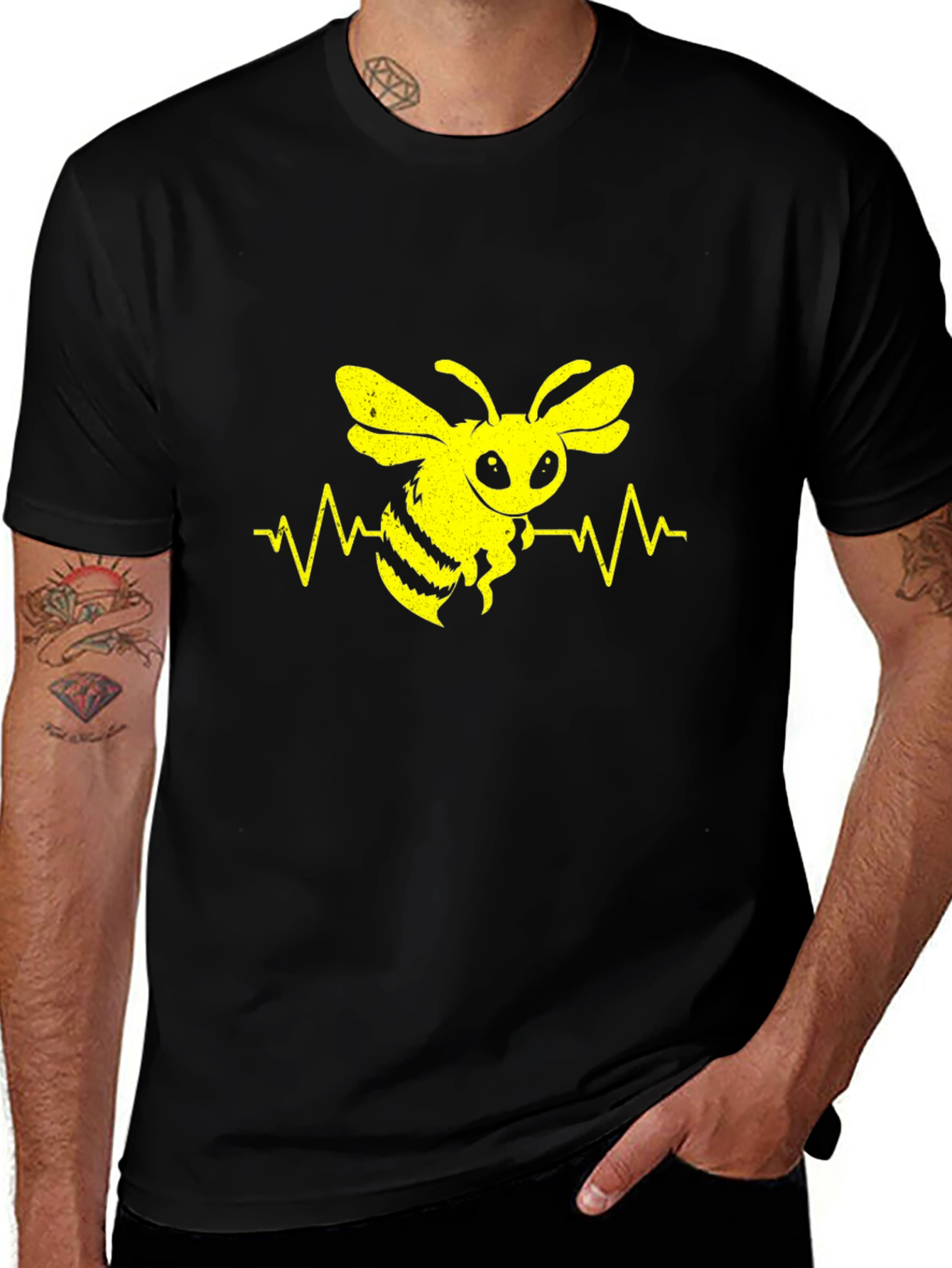 Bee Heartbeat Graphic Tee - Black Cotton T-Shirt