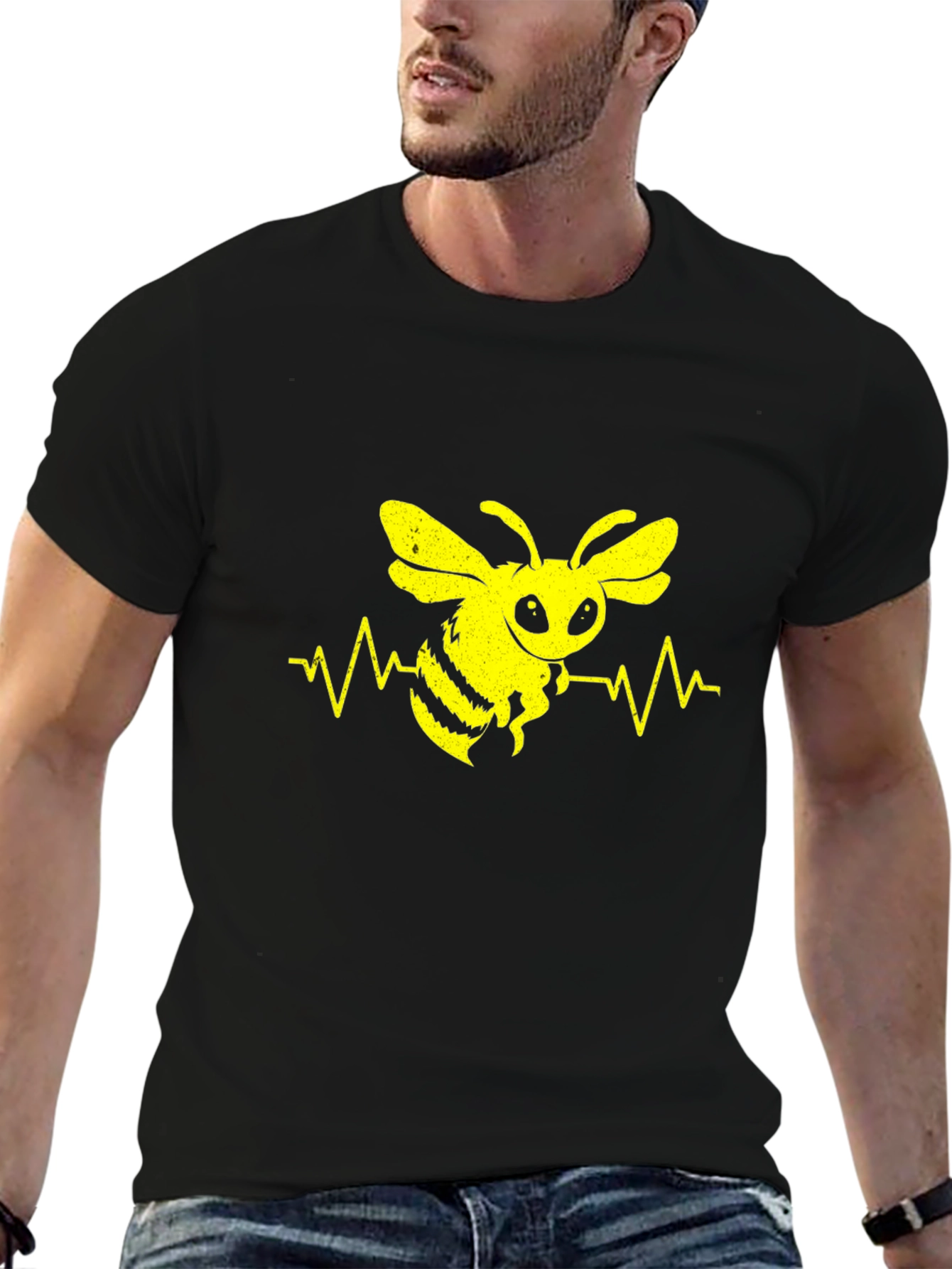Bee Heartbeat Graphic Tee - Black Cotton T-Shirt
