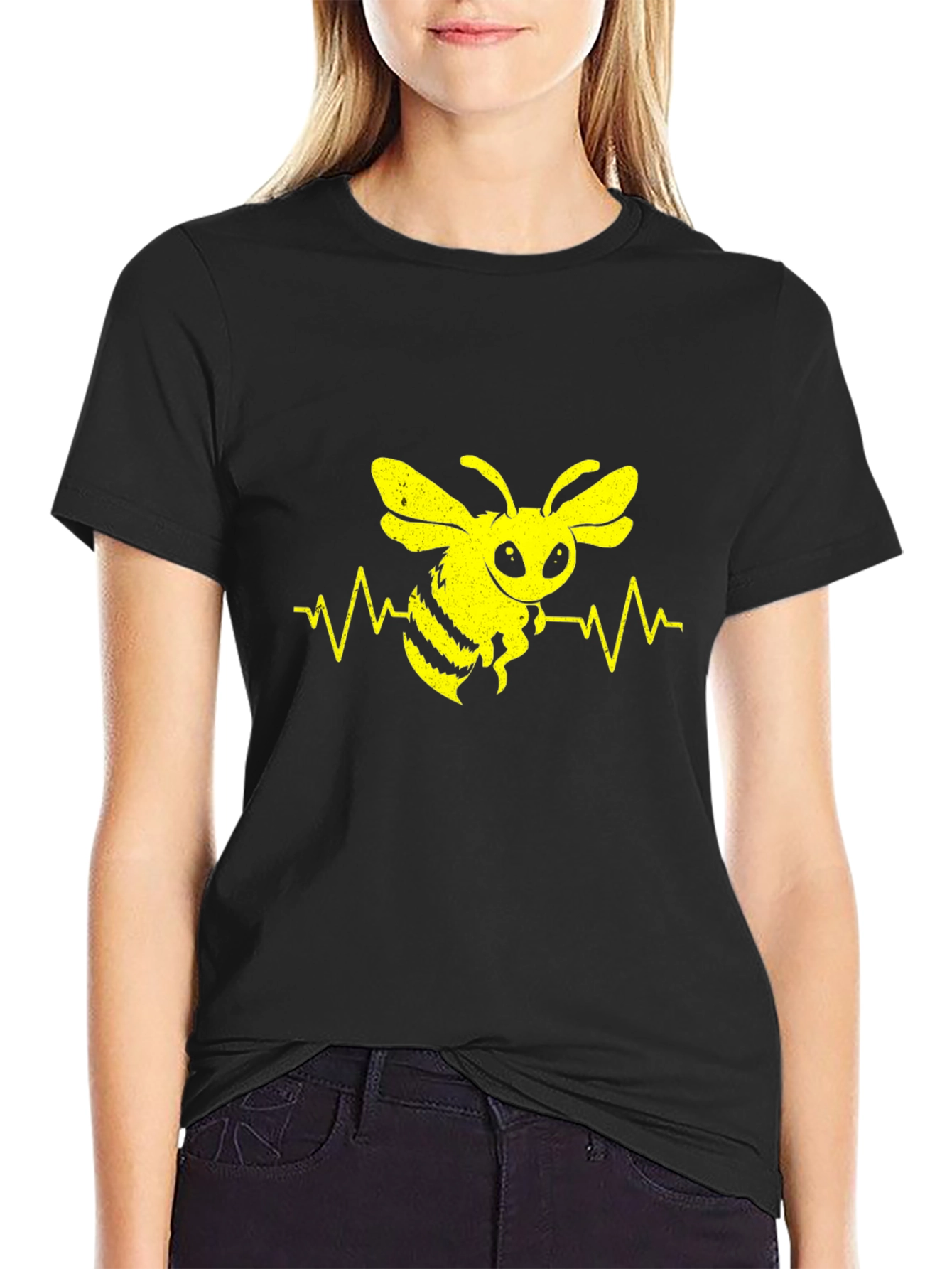 Bee Heartbeat Graphic Tee - Black Cotton T-Shirt