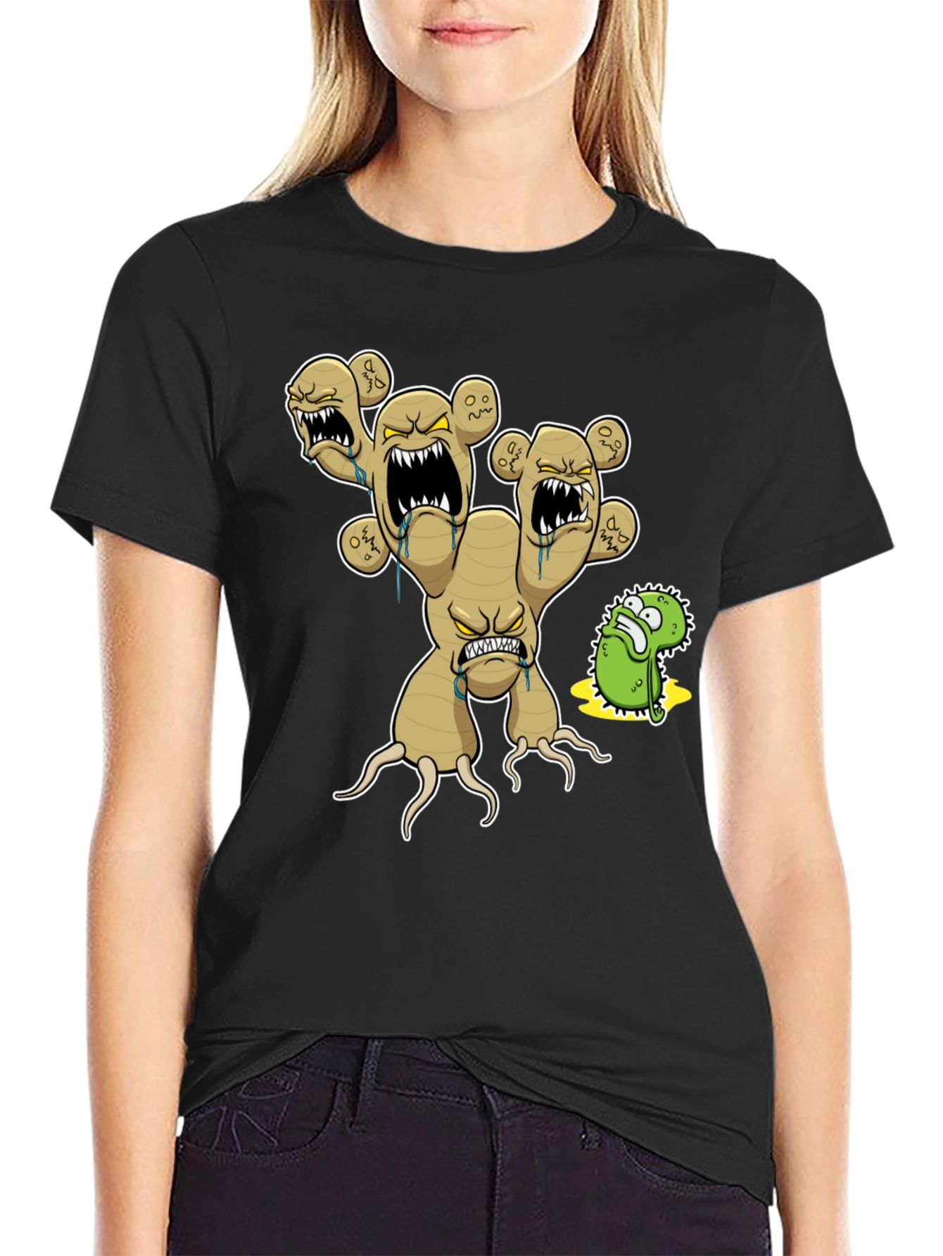 Mens Black T-Shirt with Cartoon Ginger Root Graphic
