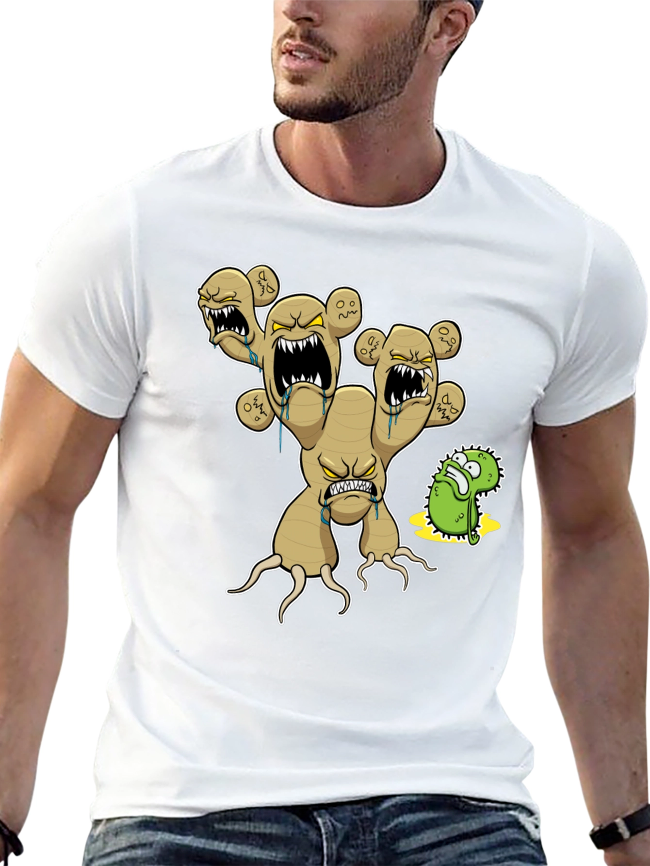 Mens Black T-Shirt with Cartoon Ginger Root Graphic