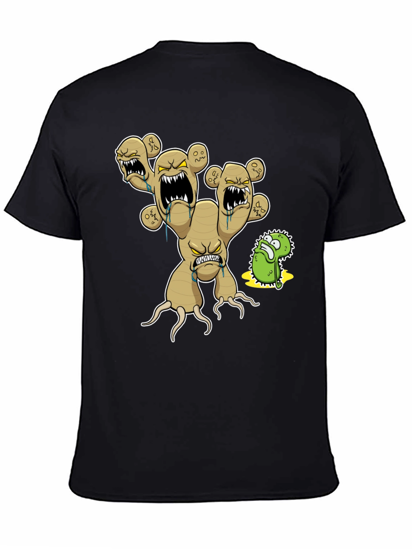 Mens Black T-Shirt with Cartoon Ginger Root Graphic