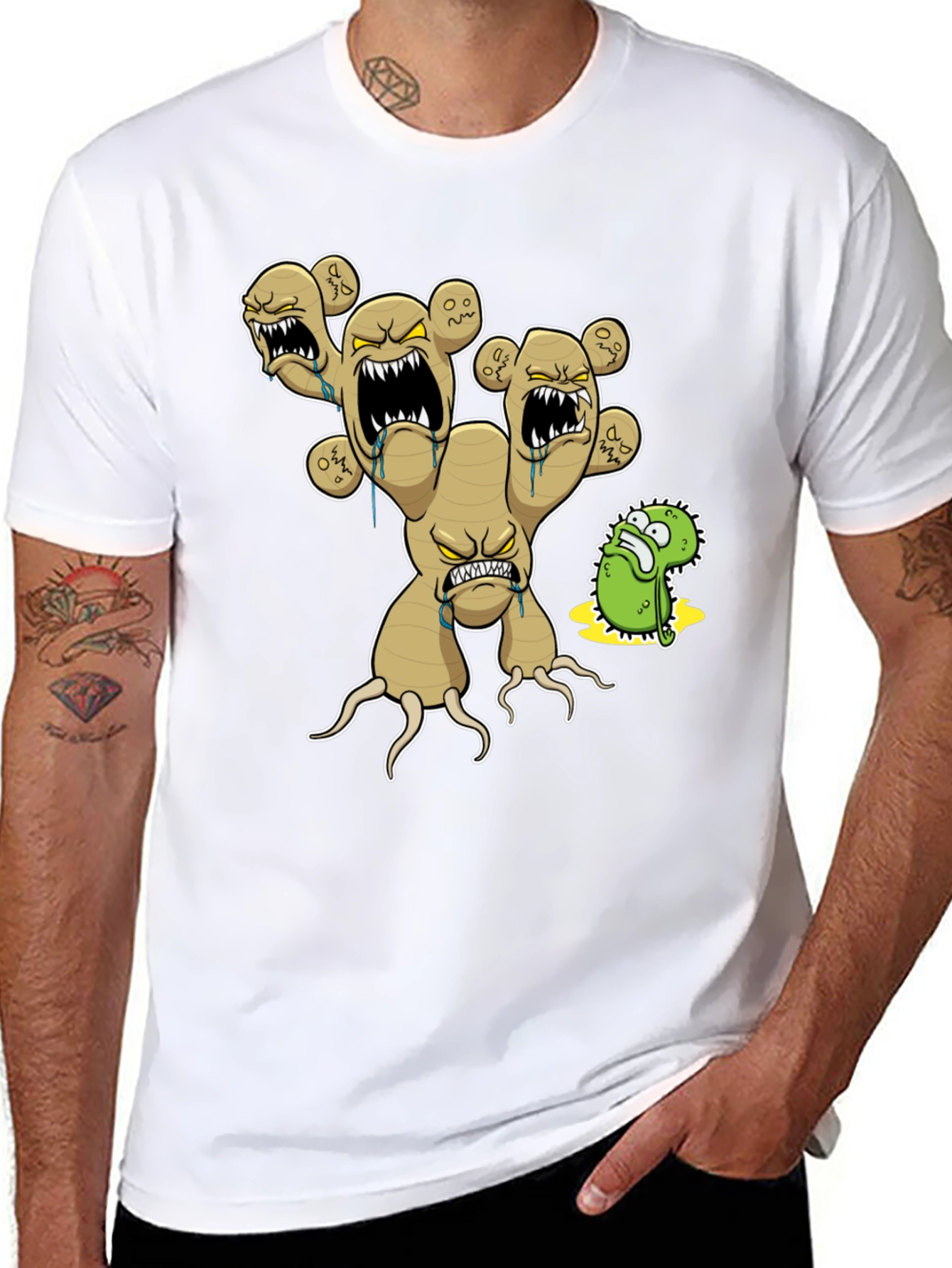 Mens Black T-Shirt with Cartoon Ginger Root Graphic