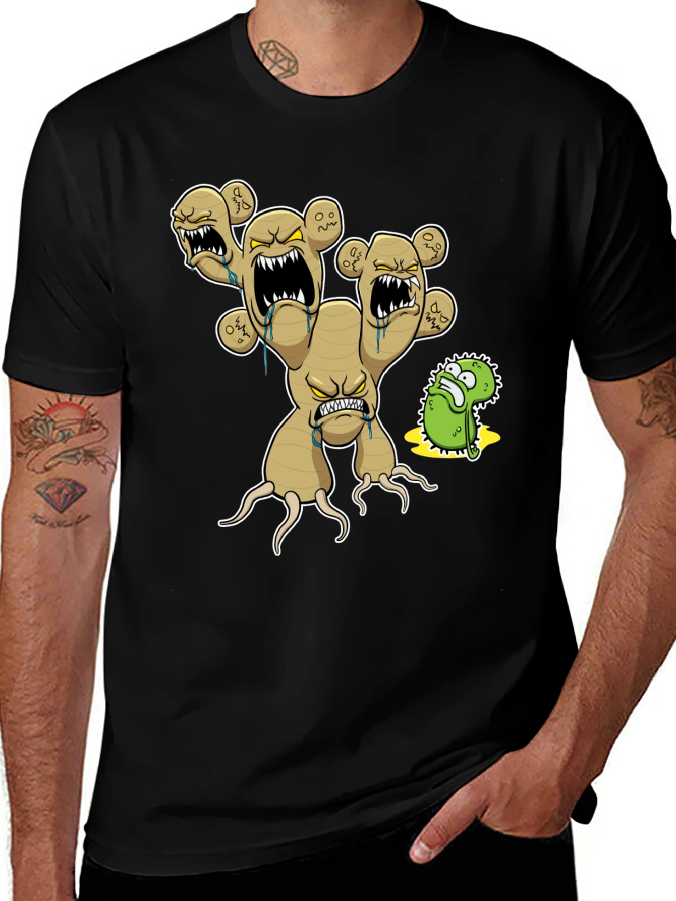 Mens Black T-Shirt with Cartoon Ginger Root Graphic