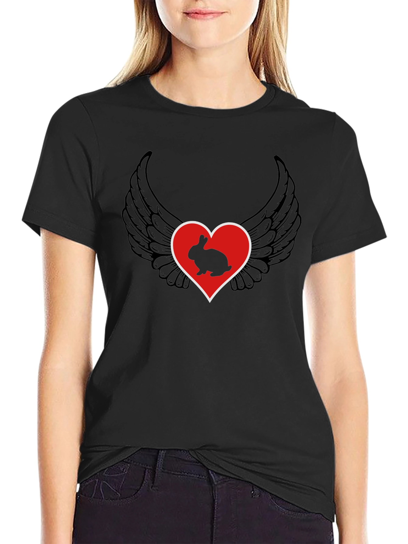 Heart & Rabbit Wings Black T-Shirt