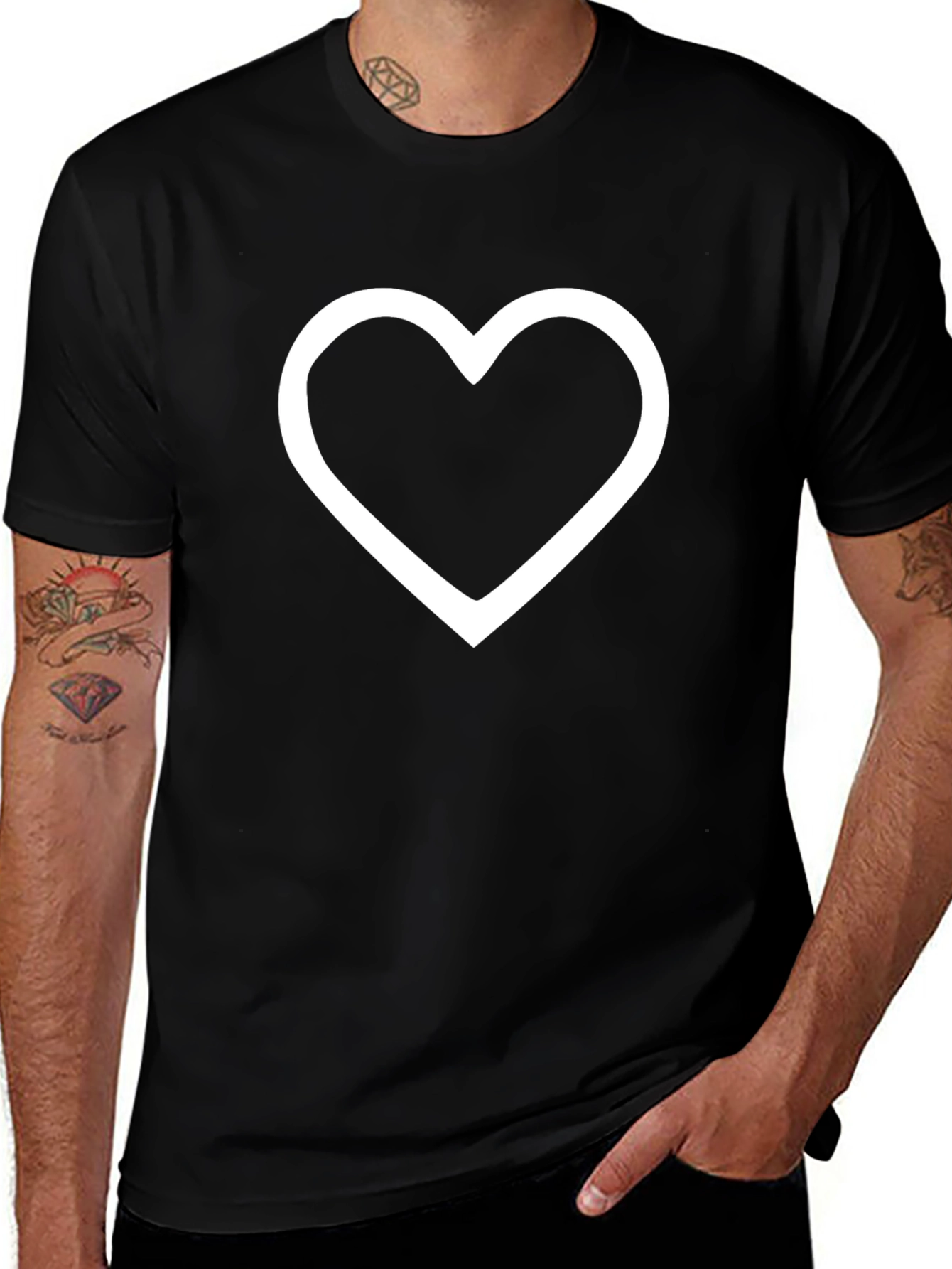 Black Tee with White Heart Outline Graphic