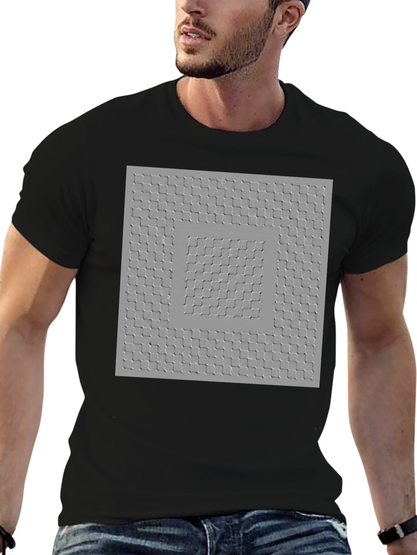 Optical Illusion Square Pattern Tee - Trendy Black Shirt