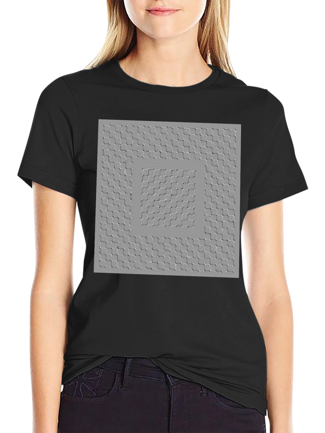 Optical Illusion Square Pattern Tee - Trendy Black Shirt