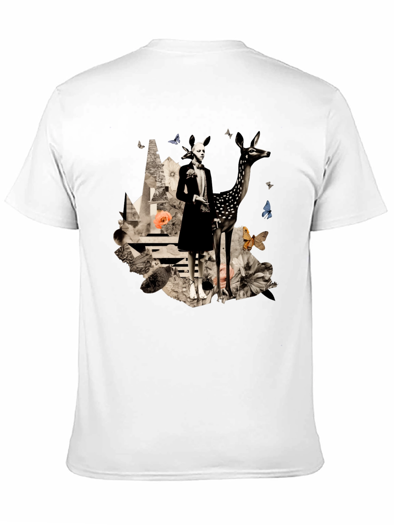 Artistic Deer & Figure Print Black T-Shirt