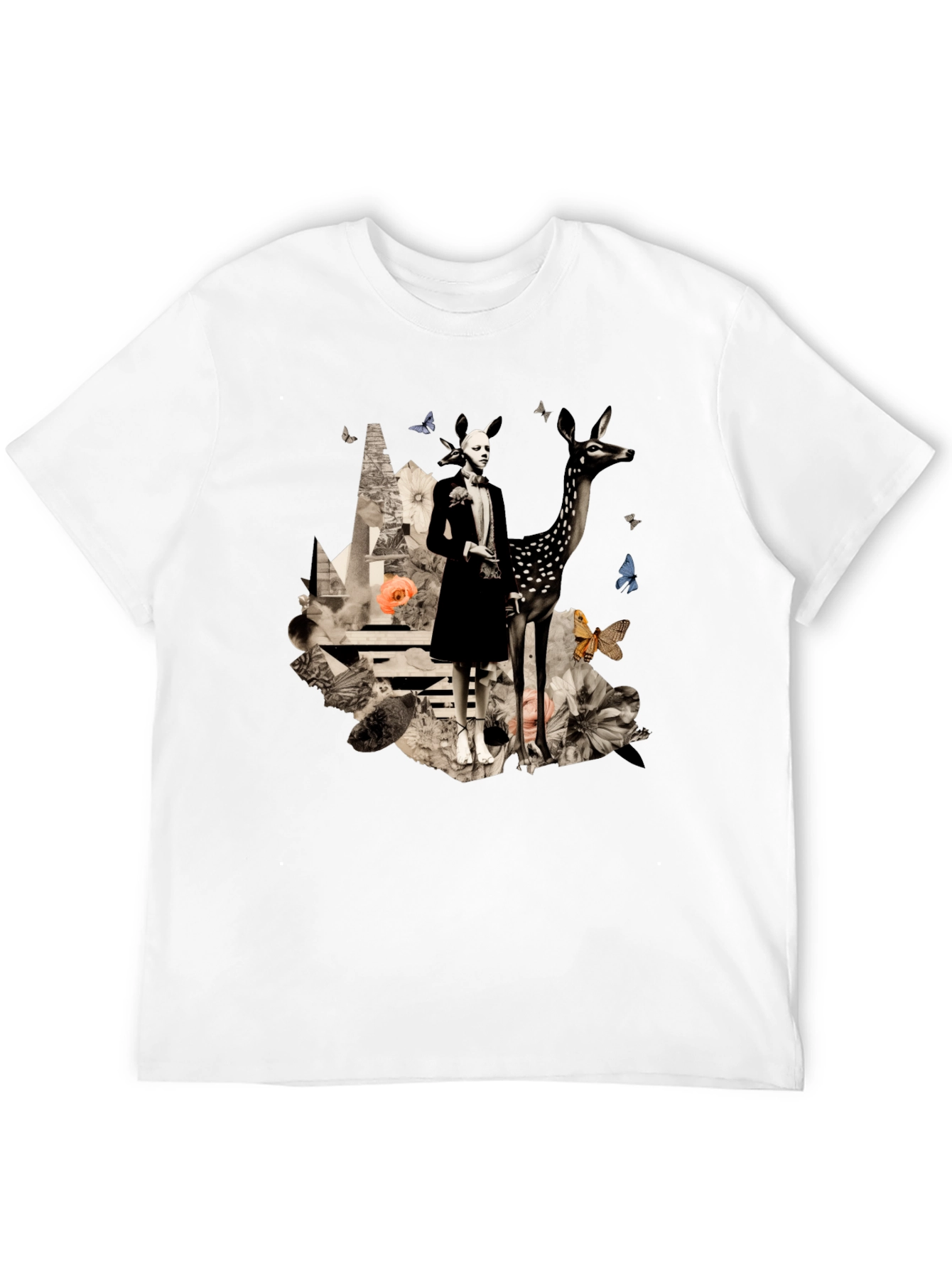 Artistic Deer & Figure Print Black T-Shirt