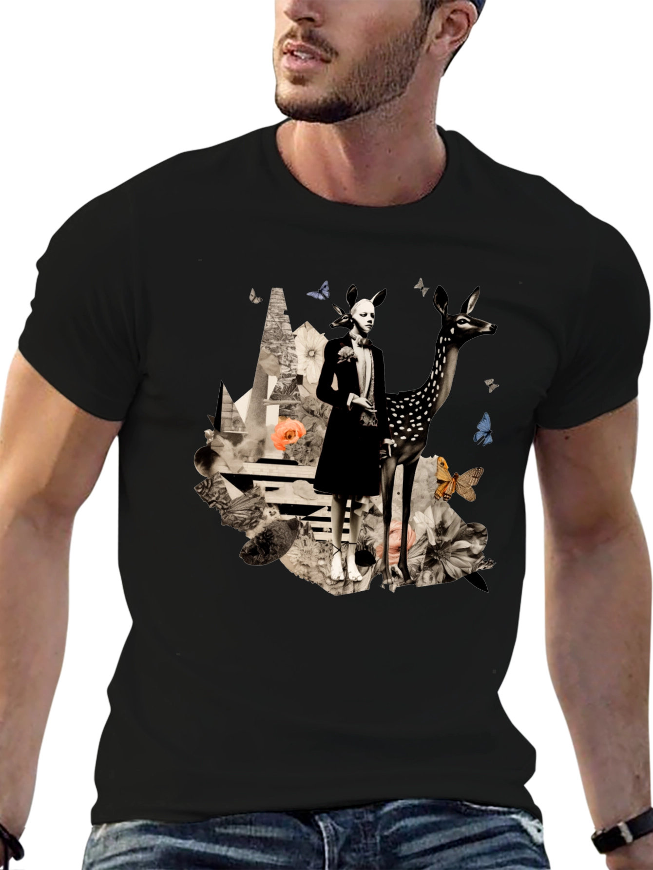 Artistic Deer & Figure Print Black T-Shirt