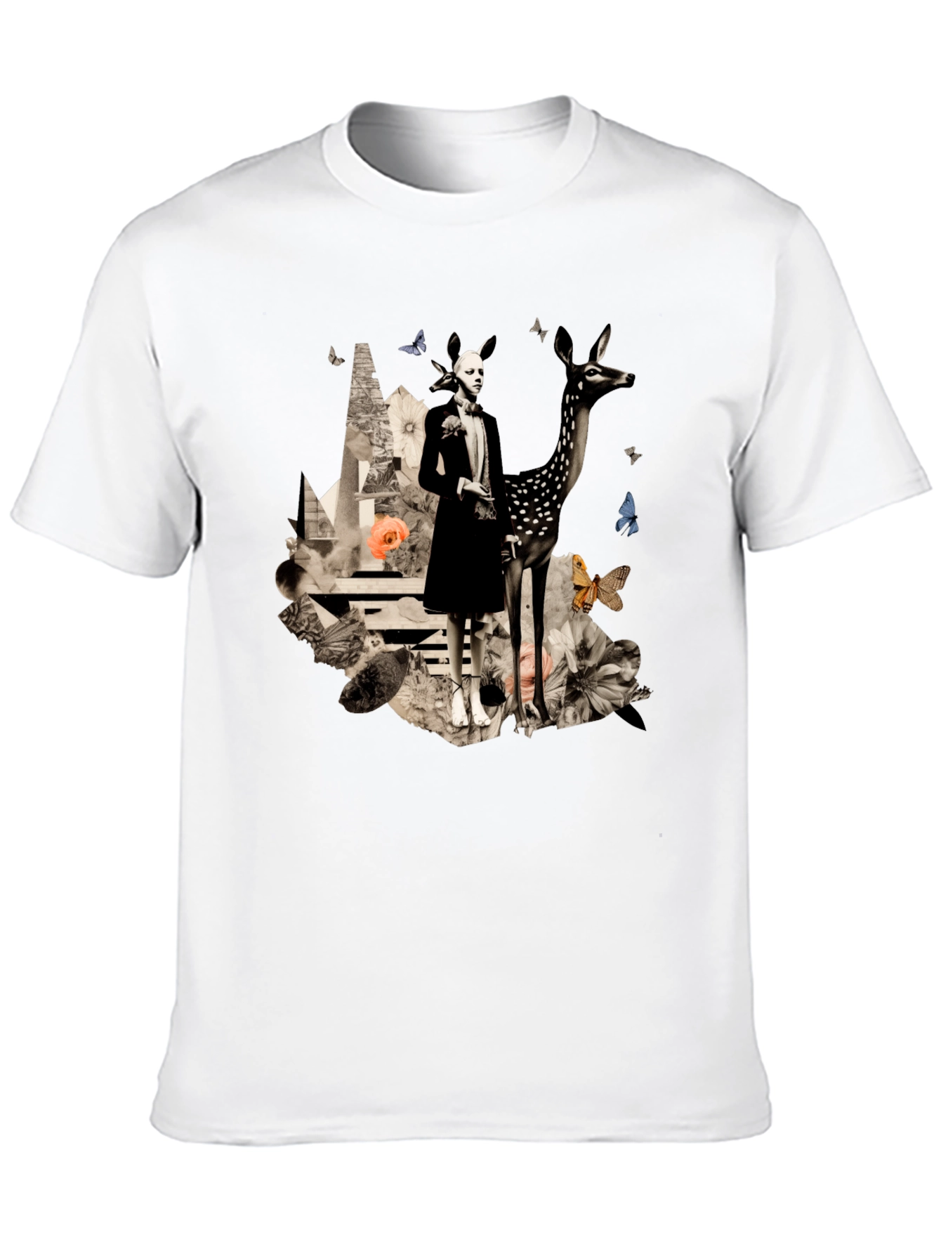 Artistic Deer & Figure Print Black T-Shirt