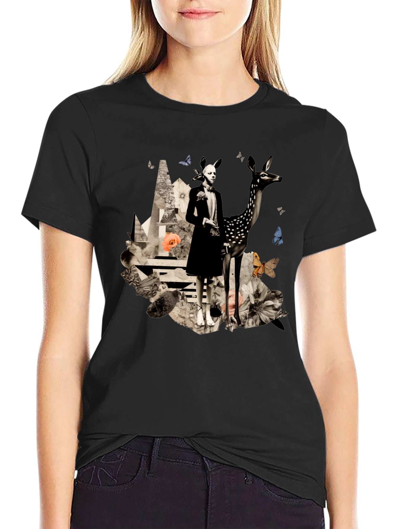 Artistic Deer & Figure Print Black T-Shirt