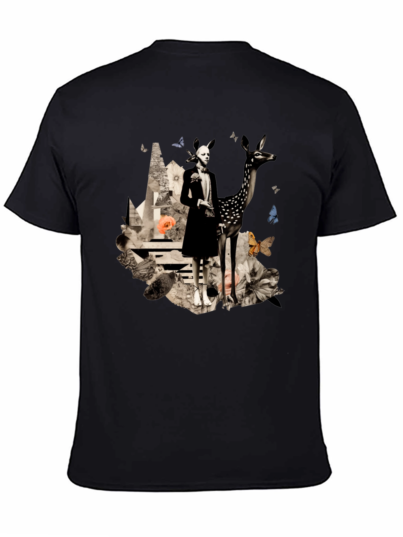 Artistic Deer & Figure Print Black T-Shirt
