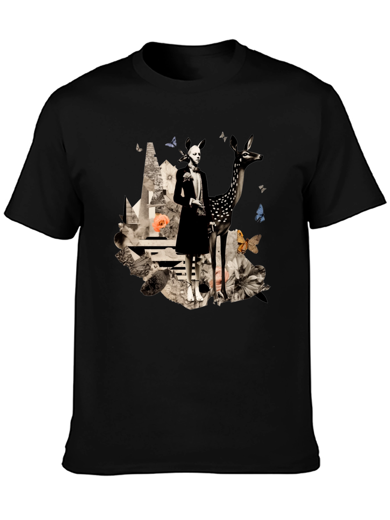 Artistic Deer & Figure Print Black T-Shirt