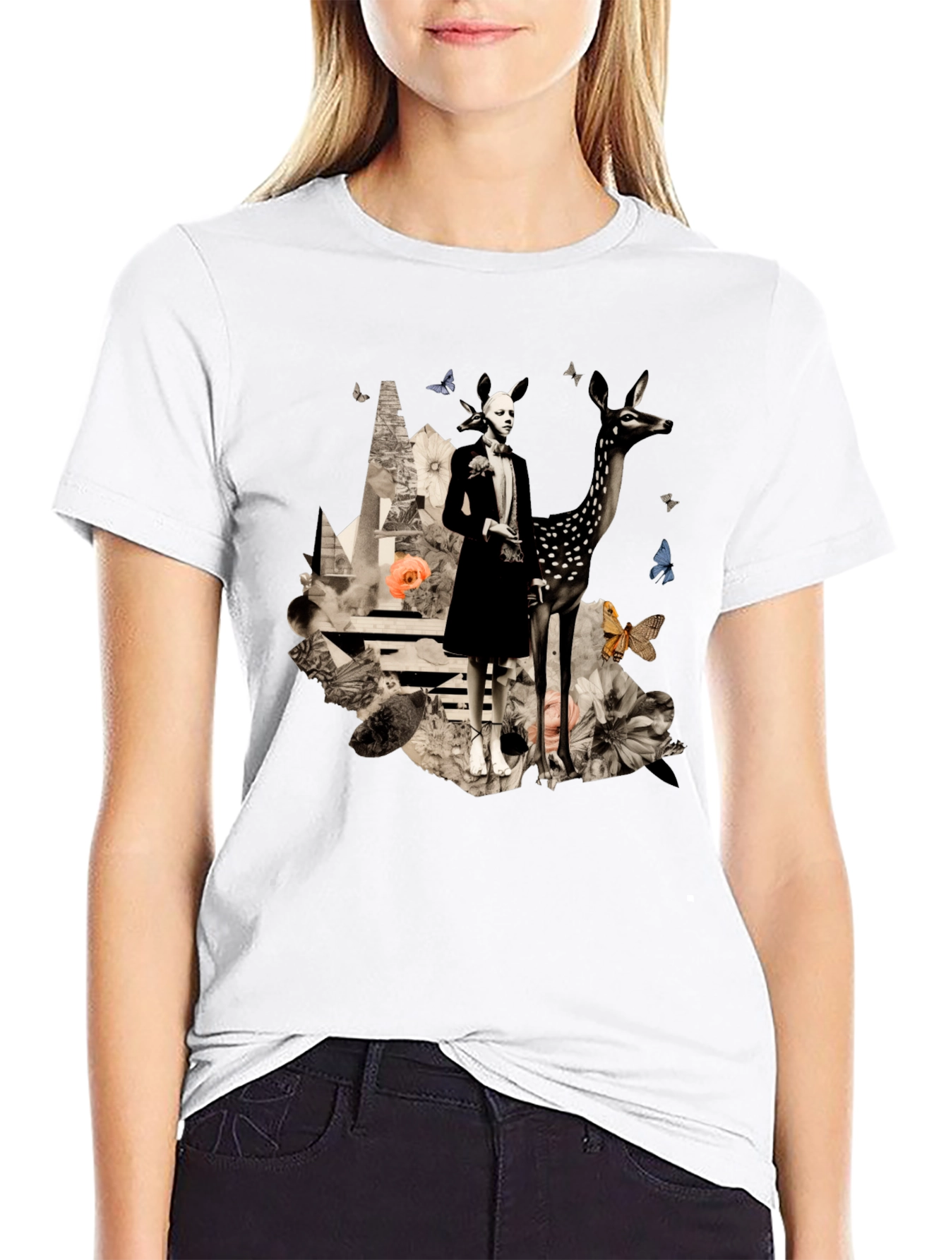 Artistic Deer & Figure Print Black T-Shirt
