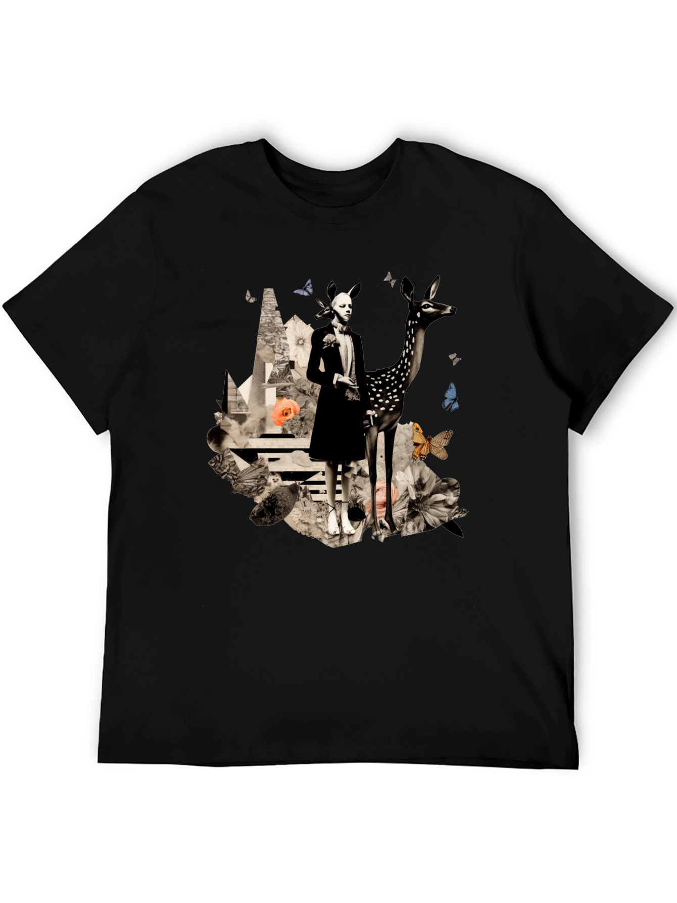 Artistic Deer & Figure Print Black T-Shirt