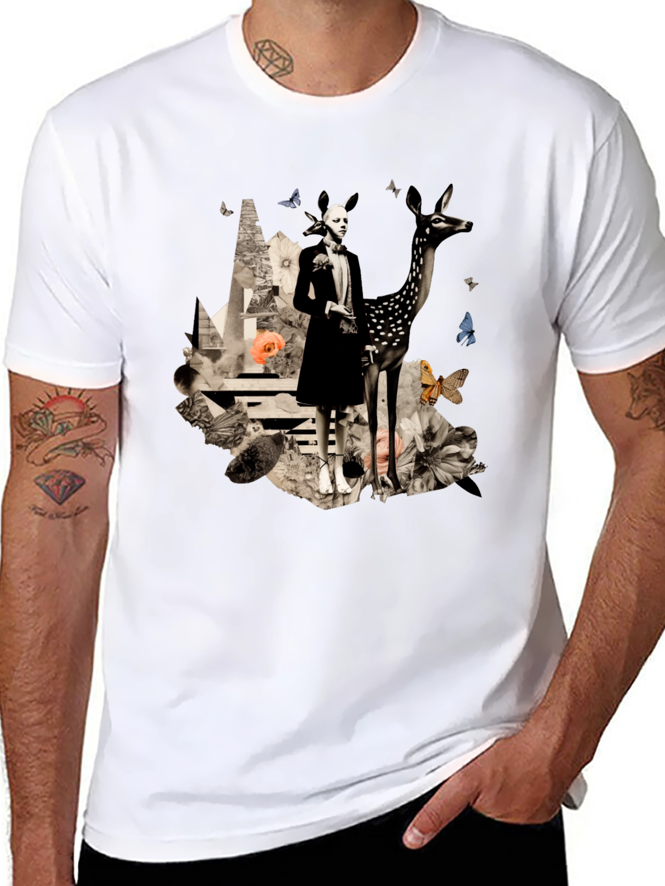 Artistic Deer & Figure Print Black T-Shirt