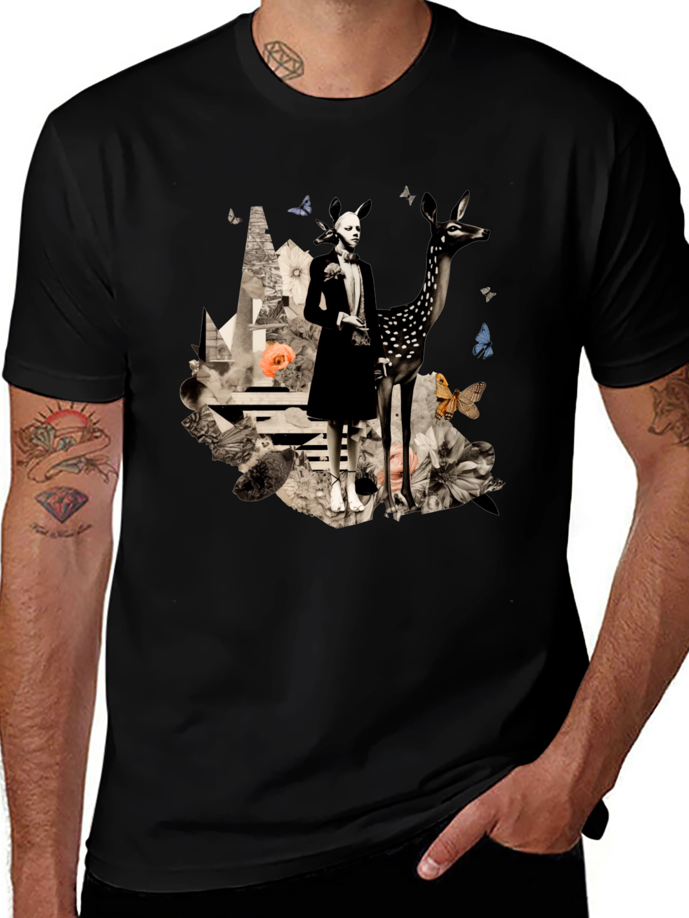 Artistic Deer & Figure Print Black T-Shirt