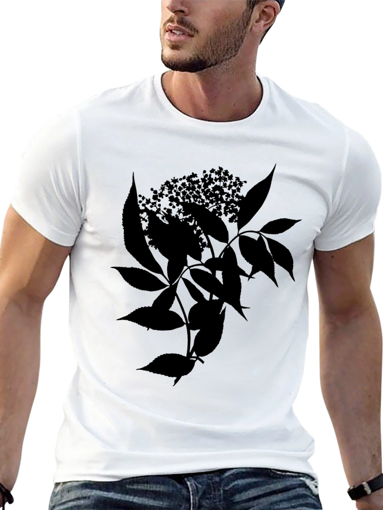 Black Botanical T-Shirt - Leaf & Flower Design