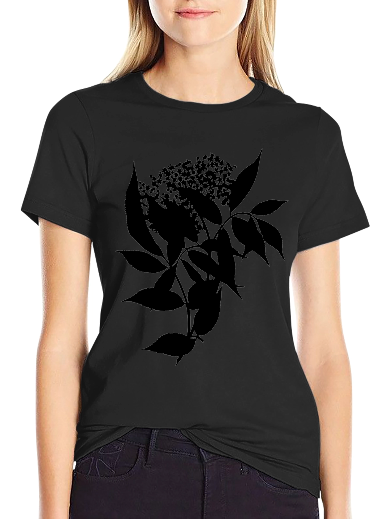 Black Botanical T-Shirt - Leaf & Flower Design