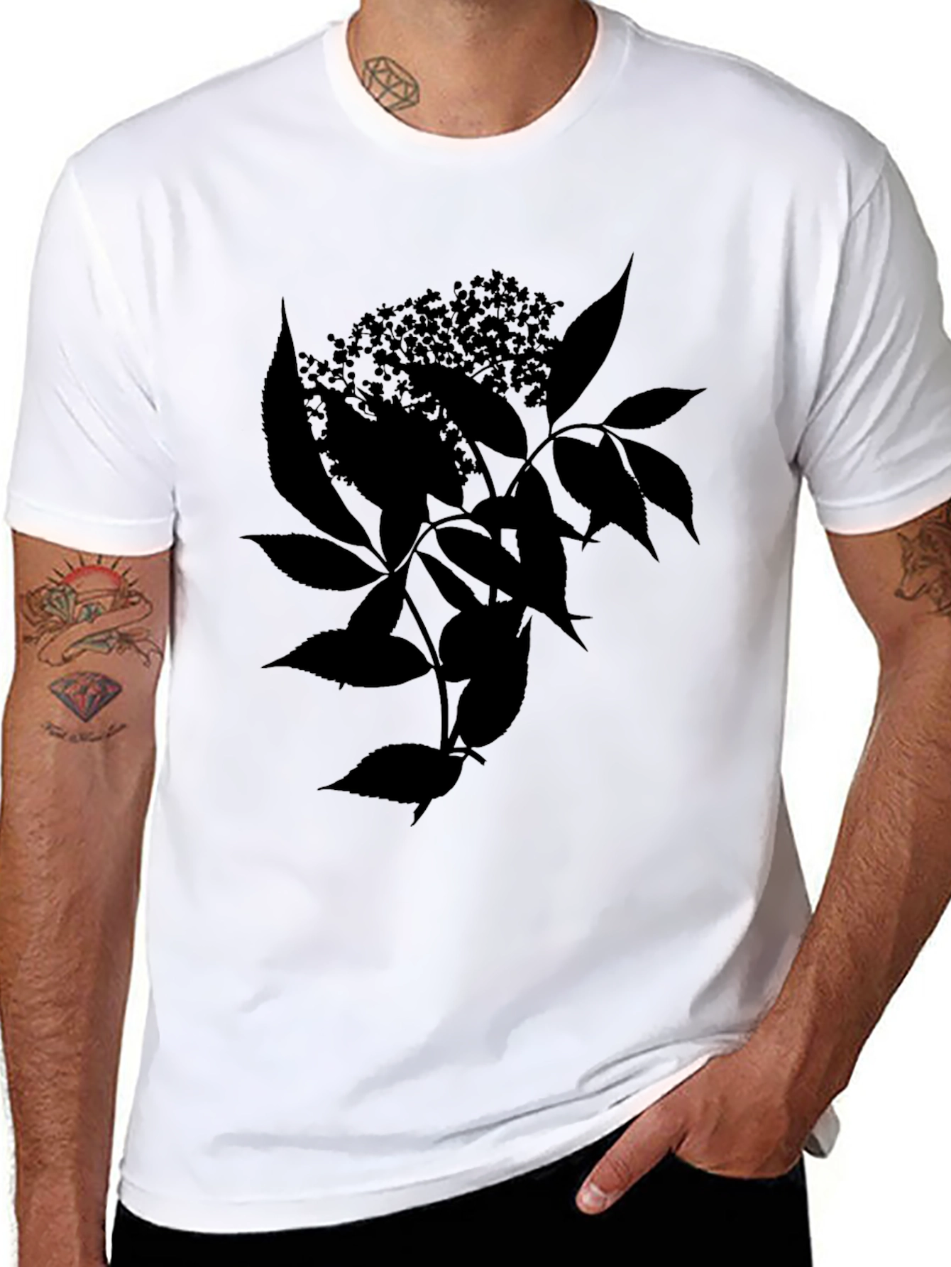 Black Botanical T-Shirt - Leaf & Flower Design