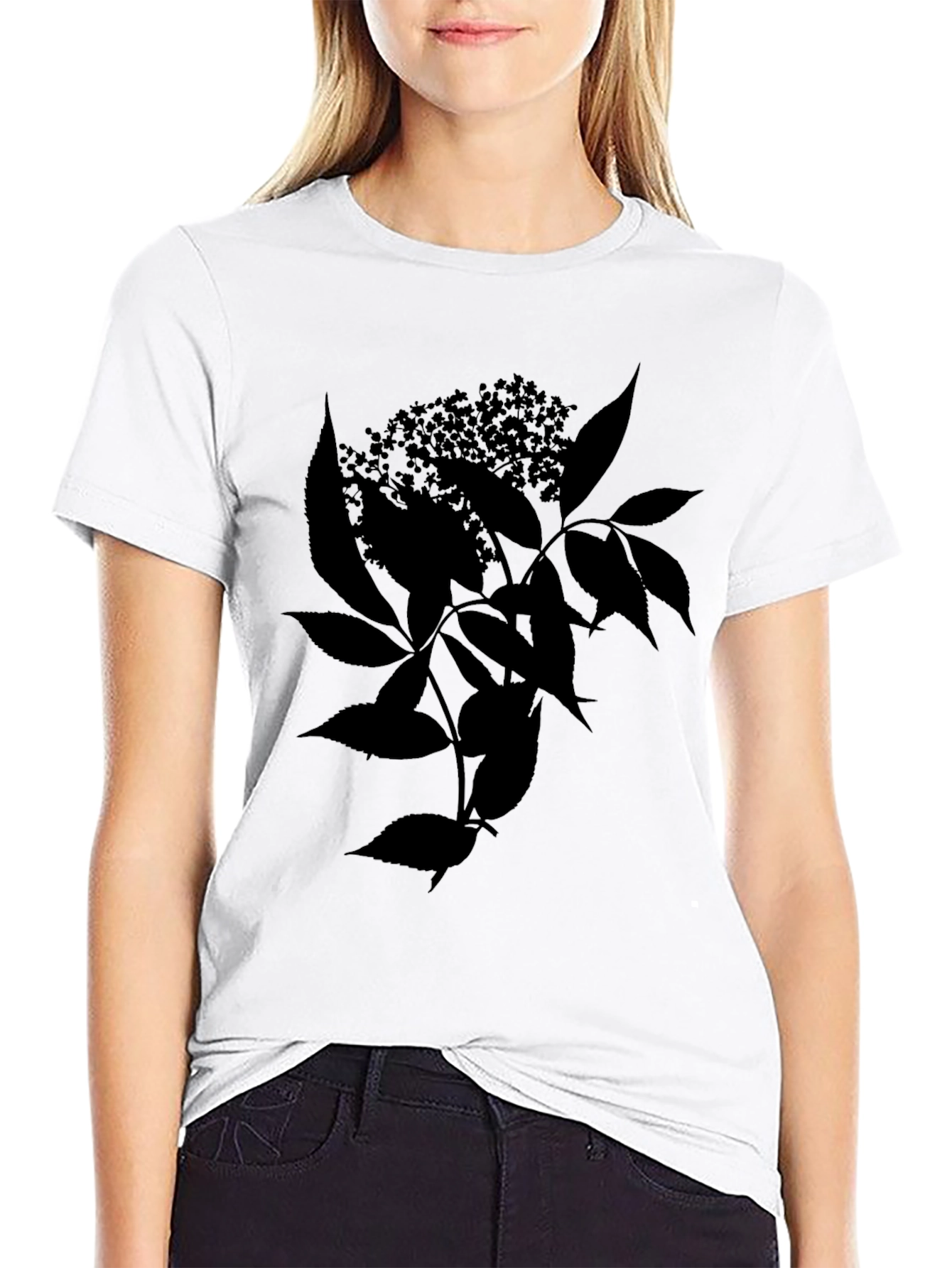 Black Botanical T-Shirt - Leaf & Flower Design