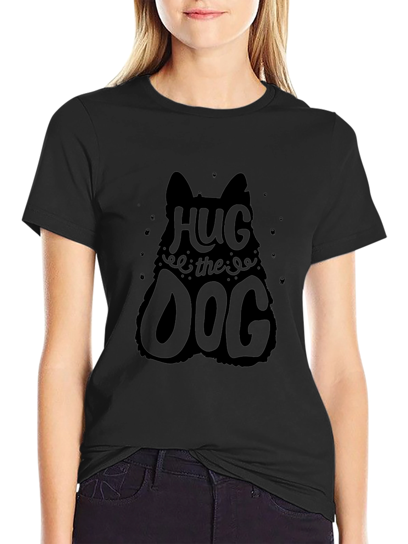 Hug the Dog Graphic Tee - Black Cotton T-Shirt