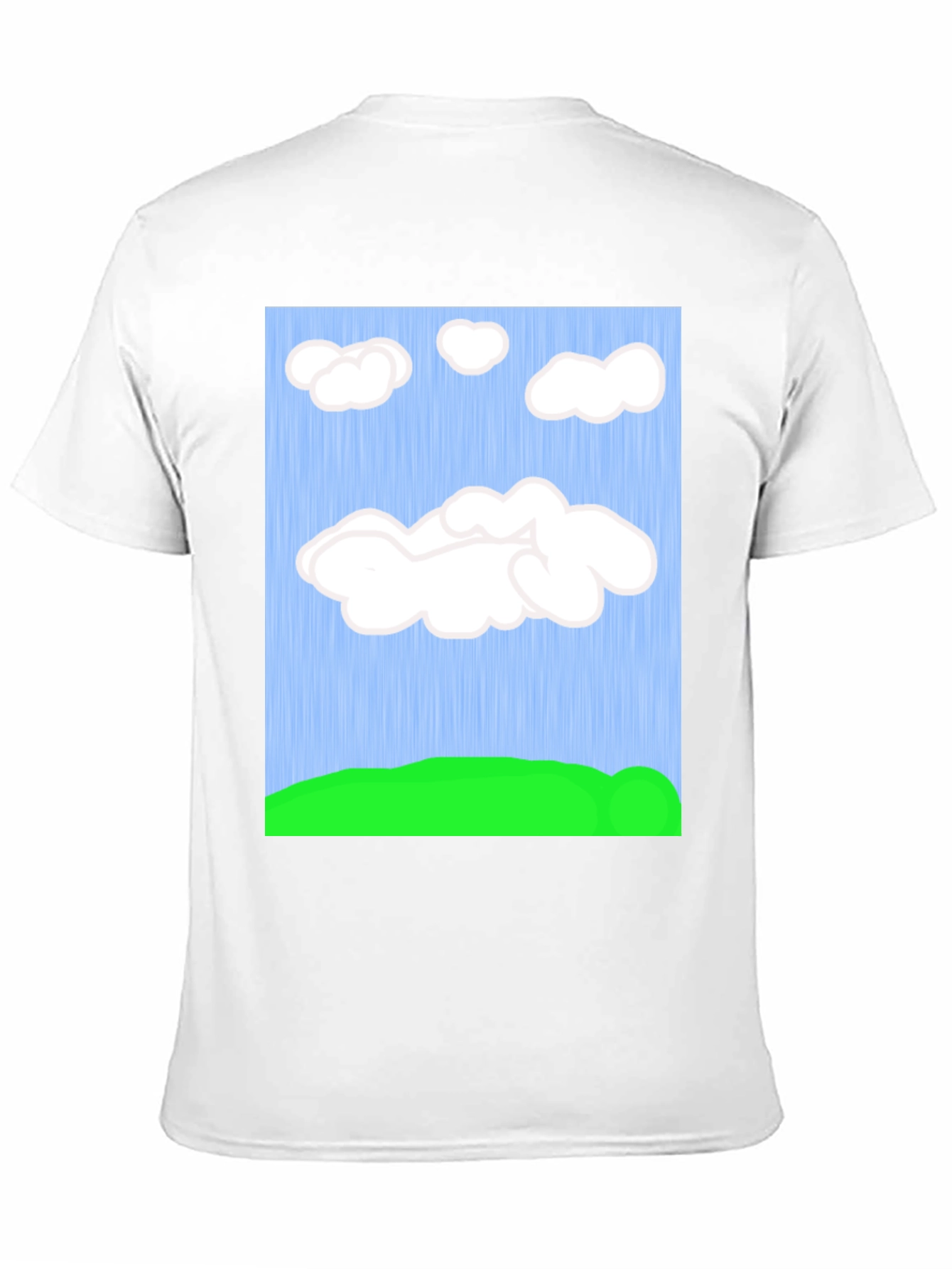 Cartoon Clouds T-Shirt - Sky & Green Field Design