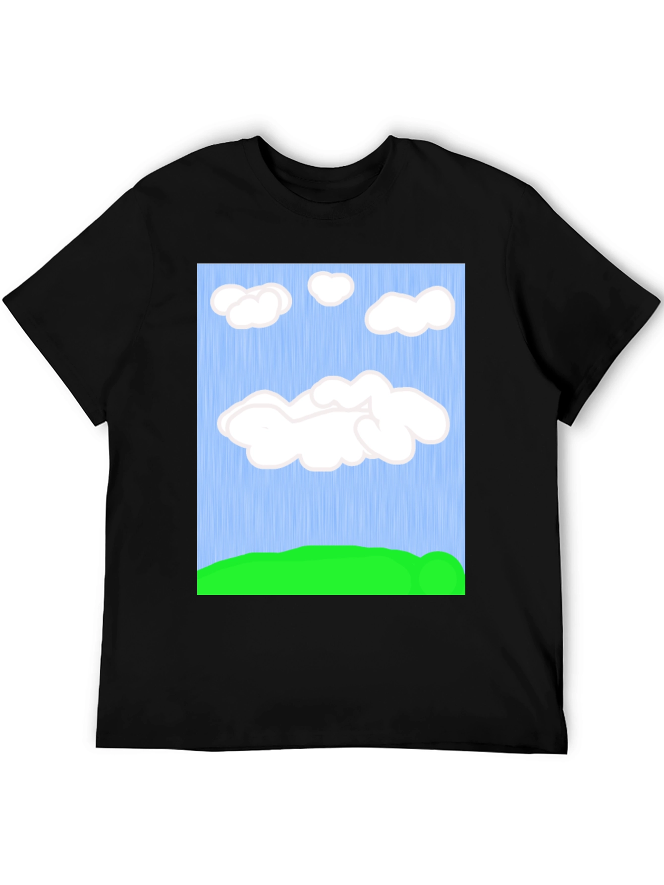 Cartoon Clouds T-Shirt - Sky & Green Field Design