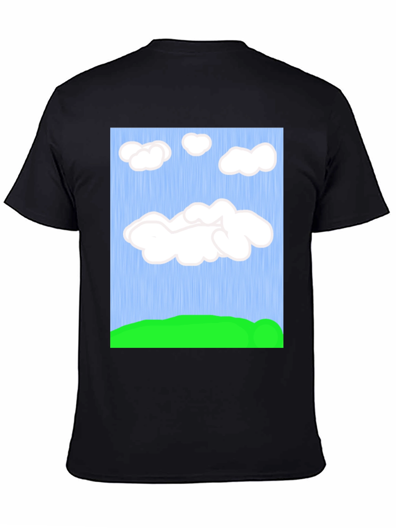 Cartoon Clouds T-Shirt - Sky & Green Field Design
