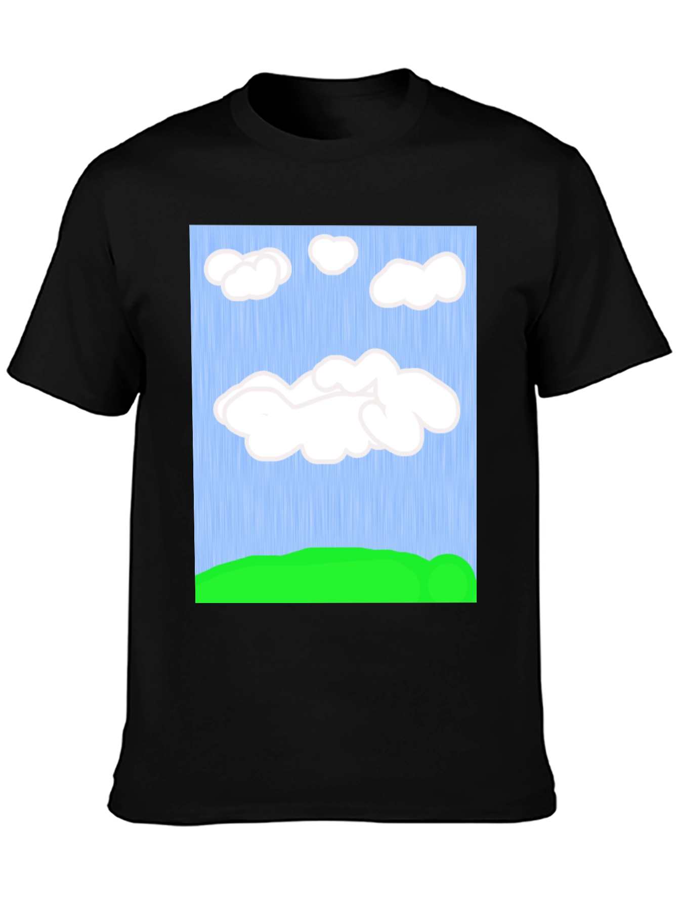 Cartoon Clouds T-Shirt - Sky & Green Field Design