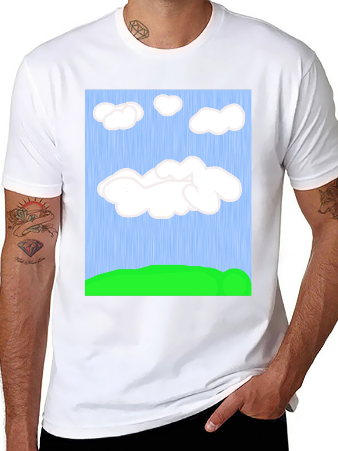 Cartoon Clouds T-Shirt - Sky & Green Field Design