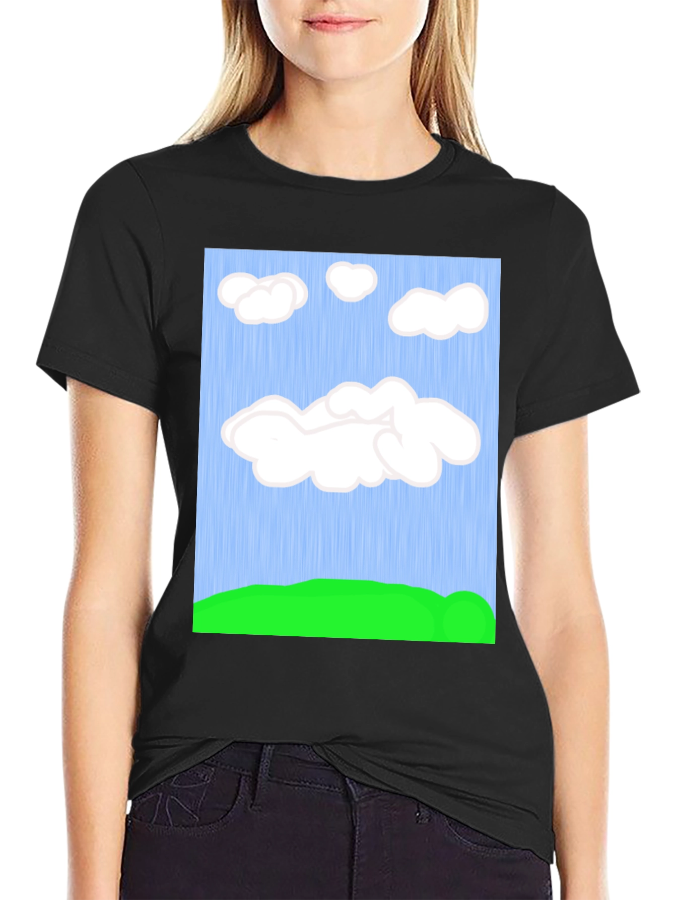 Cartoon Clouds T-Shirt - Sky & Green Field Design