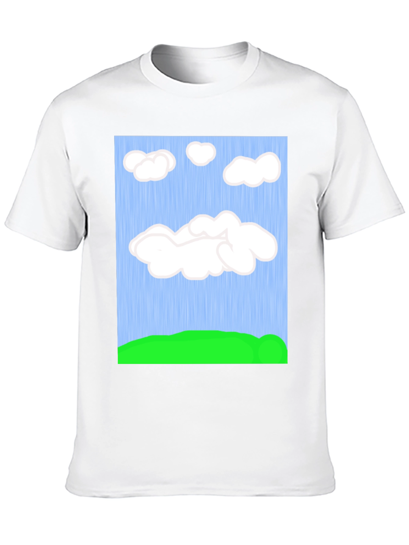 Cartoon Clouds T-Shirt - Sky & Green Field Design