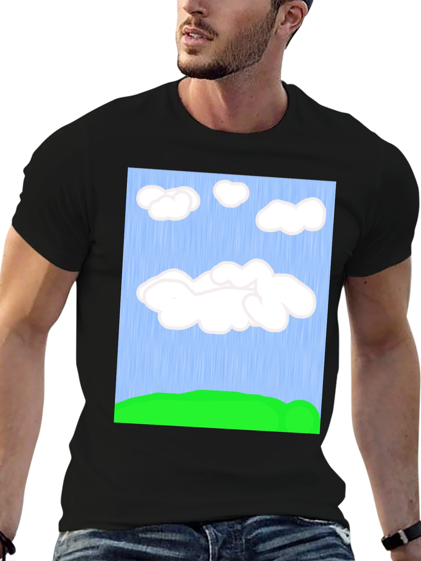 Cartoon Clouds T-Shirt - Sky & Green Field Design