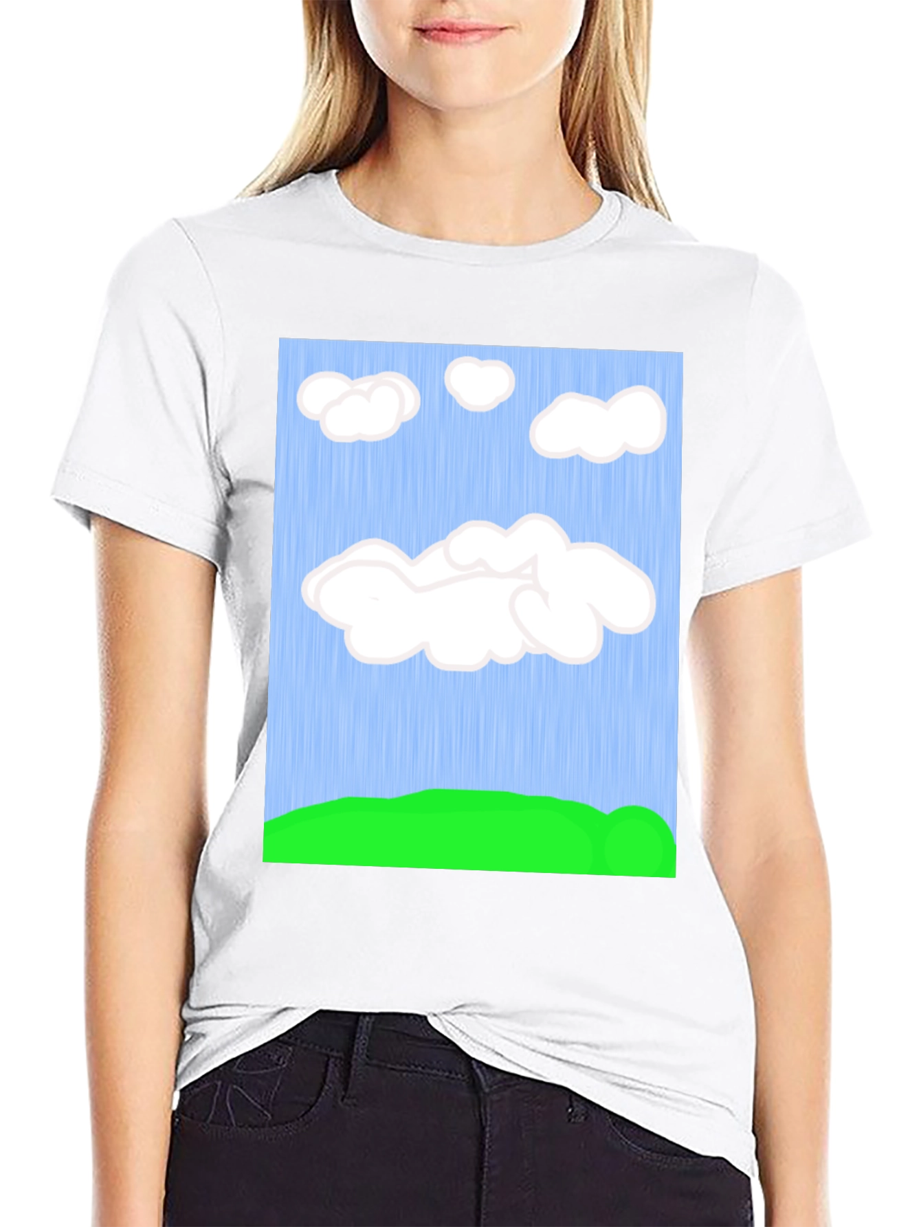 Cartoon Clouds T-Shirt - Sky & Green Field Design