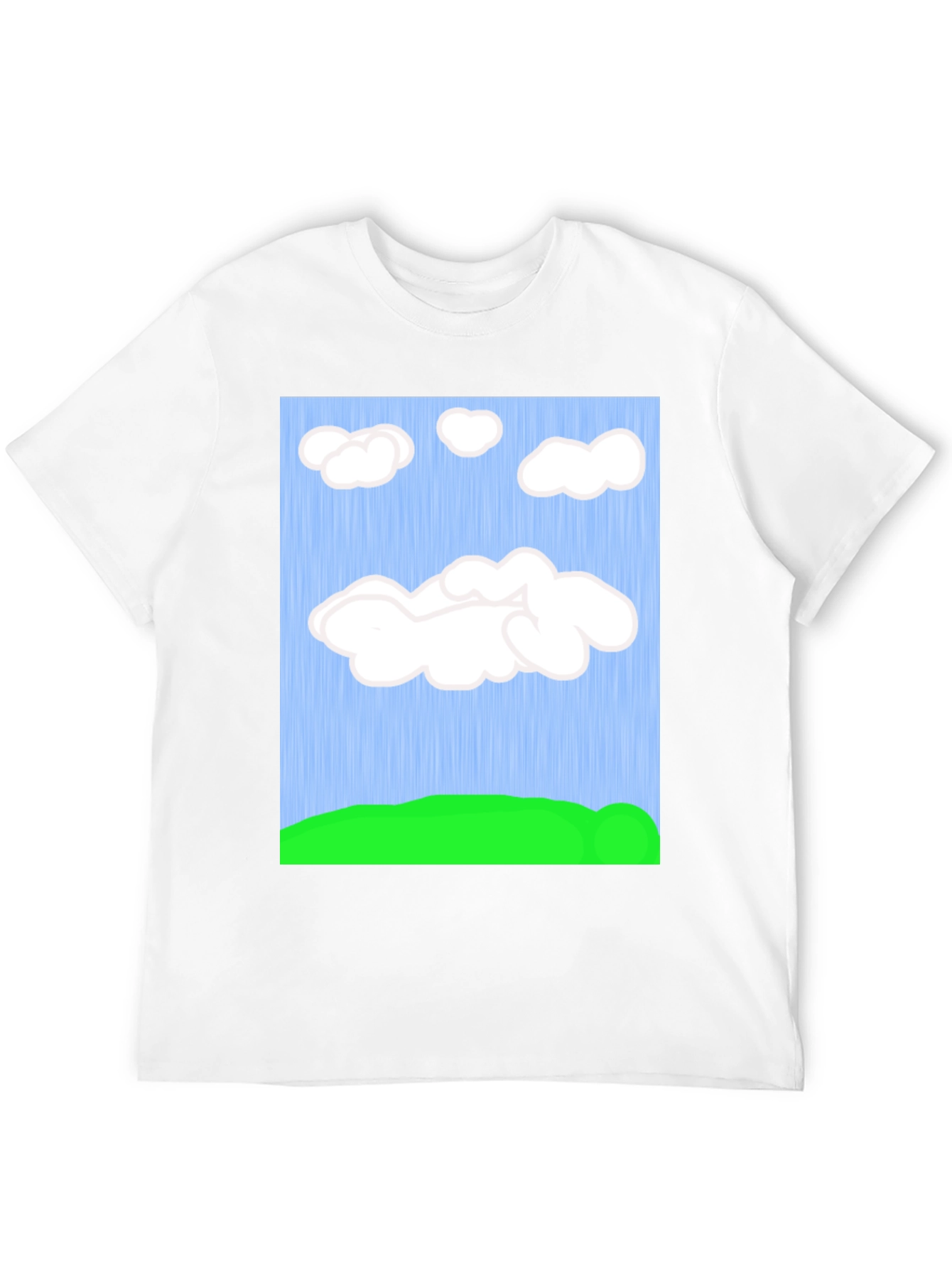 Cartoon Clouds T-Shirt - Sky & Green Field Design