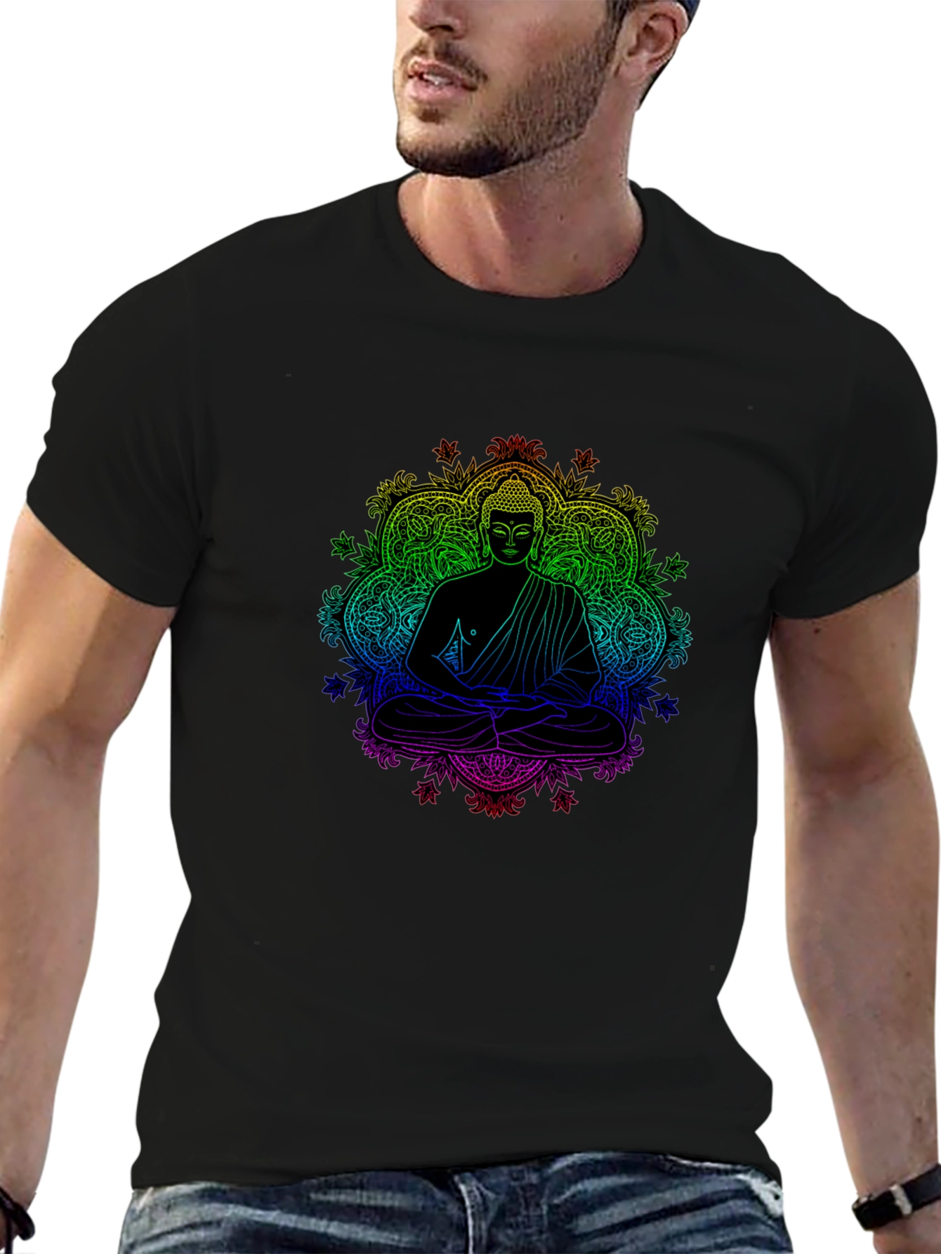 Rainbow Buddha Graphic Black T-Shirt