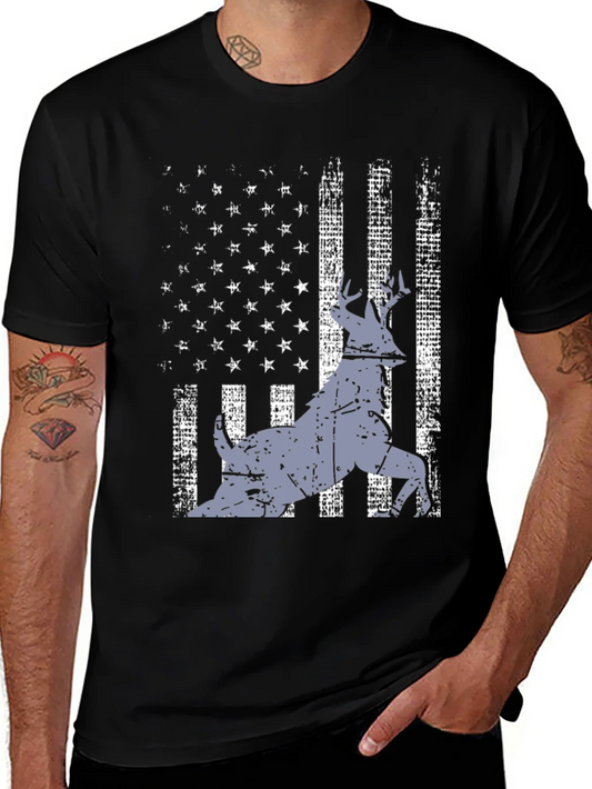 Distressed USA Flag Deer Graphic Tee - Black