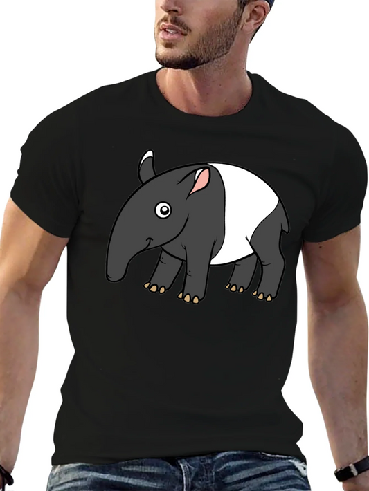 Cartoon Tapir Graphic Tee - Black Casual T-Shirt