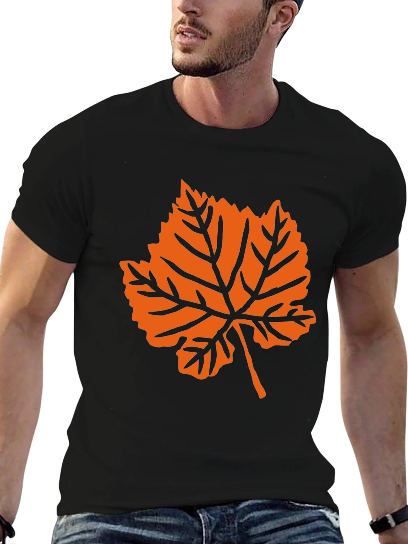 Black T-Shirt with Orange Leaf Graphic