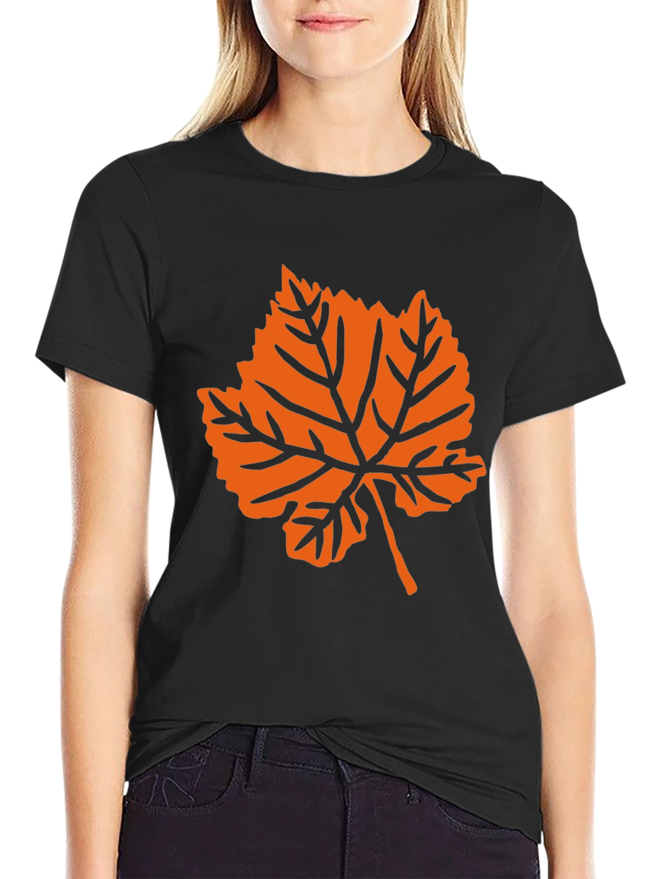 Black T-Shirt with Orange Leaf Graphic