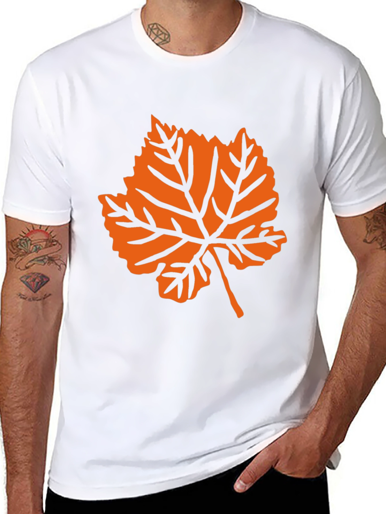 Black T-Shirt with Orange Leaf Graphic