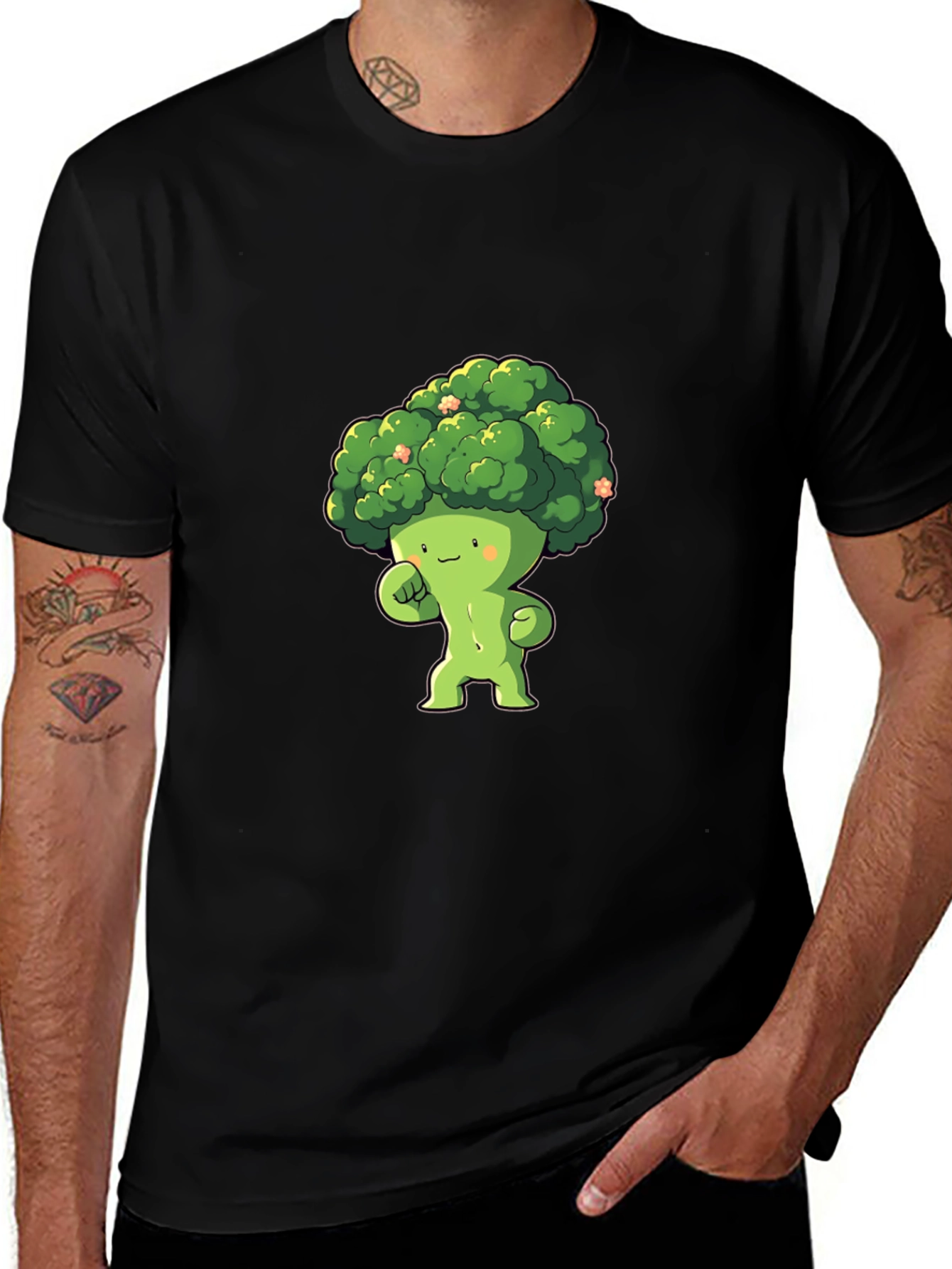 Broccoli Cartoon Character Black T-Shirt