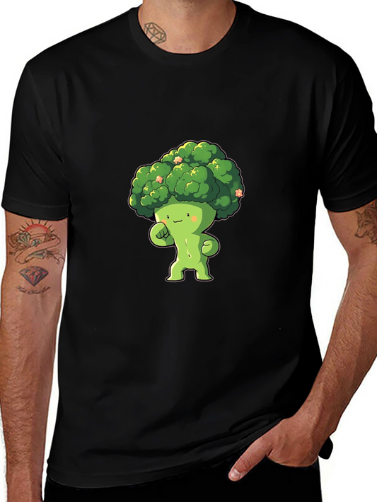 Broccoli Cartoon Character Black T-Shirt